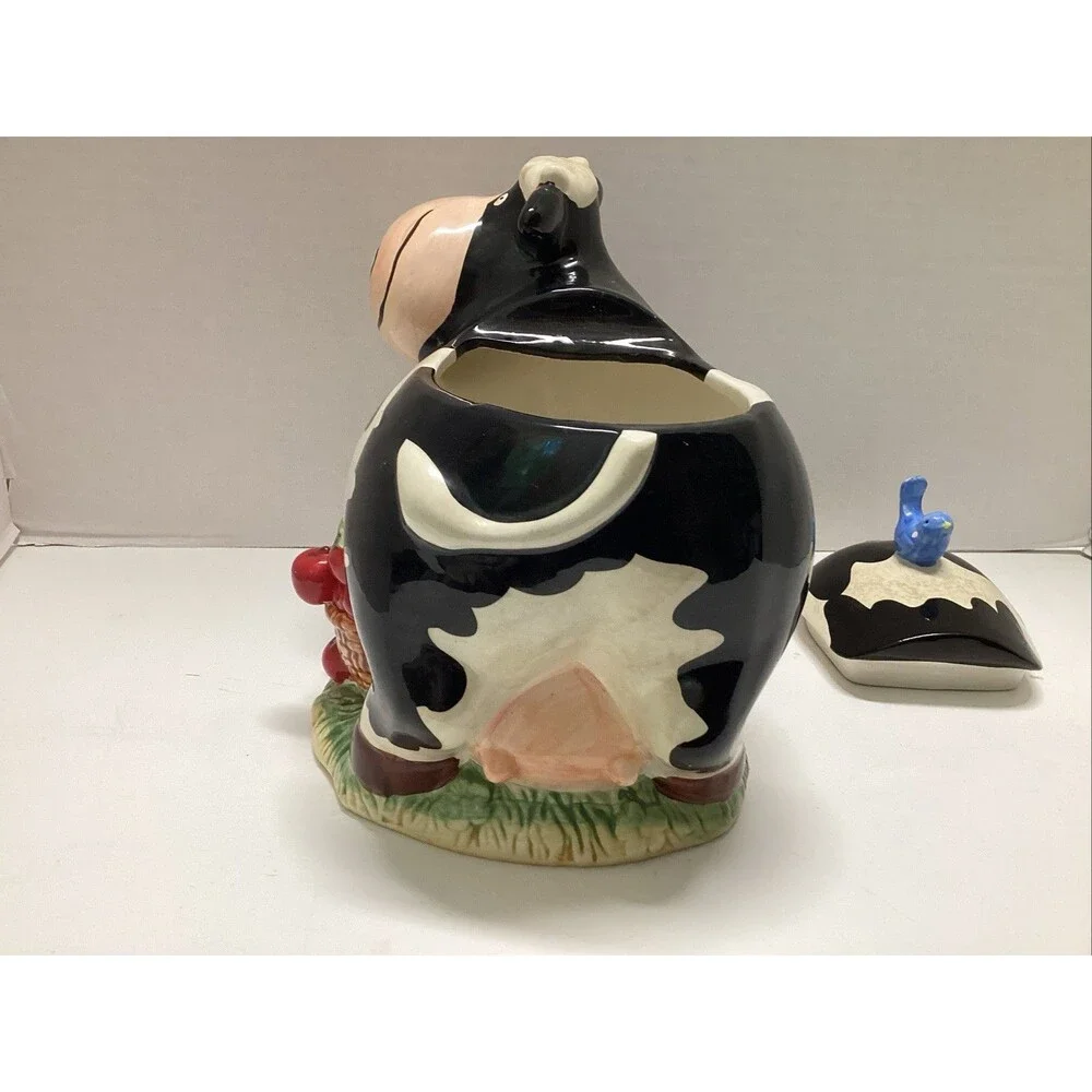 vintage GKRO ceramic cow cookie jar blue bird apples